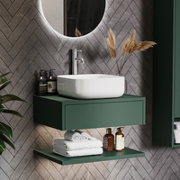 600mm Green Wall Hung Countertop Vanity Unit with Square Basin and Shelf - Lugo