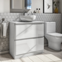 800mm Countertop Vanity Unit - White Gloss - Double Drawer- Portland Range