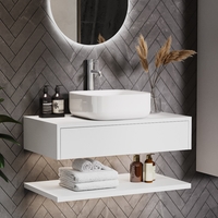 800mm White Wall Hung Countertop Vanity Unit with Square Basin and Shelf - Lugo