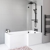 L Shape Shower Bath Right Hand with Front Panel & Black Bath Screen with Towel Rail 1700 x 850mm - Lomax