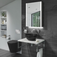 Verona Matt Black Rimless Wall Hung Toilet and Countertop Basin Suite with White Vanity Shelf