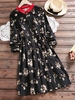 Red Collar Floral Buttoned Long Sleeve Dress