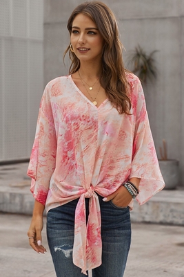 Roselinlin Red Sky Blue Women
Tops Casual Polyester V Neck
Daily Knot Front Tops