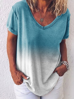 Roselinlin Short Sleeve 1 Blue
Khaki Green Women Tops Cotton
Casual V Neck Daily Dip-Dyed
Tops