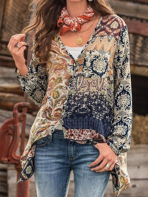 Women Cotton-Blend Long Sleeve
V Neck Casual Shirts &amp;
Tops