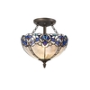 Burtonwood 2 Light Semi Flush With 30cm Tiffany Shade - Blue & Clear Crystal & Aged Antique Brass