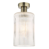 Dar Emerson Semi Flush Light with Cylinder Ribbed Glass - Brass