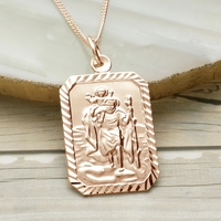 9ct Rose Gold Plated Diamond Cut Large Rectangle St Christopher Pendant With Optional Engraving and Chain