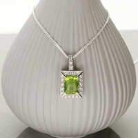 9ct White Gold & Diamond Set Rectangular Peridot Pendant With Optional Chain