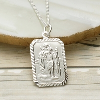 9ct White Gold Diamond Cut Rectangle St Christopher Pendant With Optional Engraving and Chain
