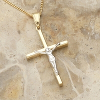 9ct Yellow Gold & 9ct White Gold Hollow Crucifix Pendant and Optional Chain