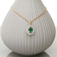 9ct Yellow Gold & Diamond Cluster Set Oval Emerald Pendant With Optional Chain