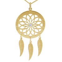 9ct Yellow Gold Dream Catcher and Feathers Necklace With Crystal