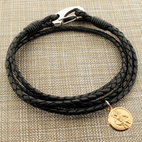 9ct Yellow Gold St Christopher Mens Leather Double Wrap Bracelet