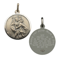 Antique Finish Sterling Silver 24mm St Christopher Pendant With Travellers Prayer,  Engraving and Optional Chain
