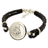 Mens Leather and Sterling Silver St Christopher Bracelet With Travellers Prayer