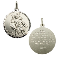 Sterling Silver Diamond Cut 20mm St Christopher Pendant With Travellers Prayer and Optional Chain