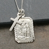 Sterling Silver Diamond Cut Rectangle St Christopher Pendant With Cross,  Optional Engraving and Chain