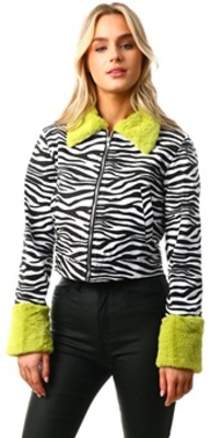 Zebra Print Cropped Jacket
With Green Fur Trim
