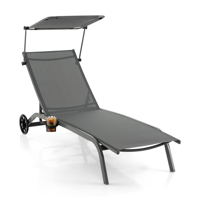Patio Chaise Lounge Chair with
Wheels and Adjustable
Canopy-Grey