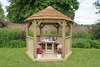 Forest Garden 3m Hexagonal Wooden Garden Gazebo with Thatched Roof - Furnished with Table,  Benches and Cushions (Cream)