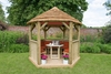 Forest Garden 3m Hexagonal Wooden Garden Gazebo with Thatched Roof - Furnished with Table,  Benches and Cushions (Terracotta)
