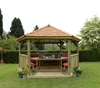 Forest Garden 4.7m Hexagonal Wooden Garden Gazebo with Cedar Roof - Furnished with Table,  Benches and Cushions (Terracotta)