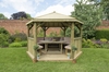 Forest Garden 4m Hexagonal Wooden Garden Gazebo with Timber Roof - Furnished with Table,  Benches and Cushions (Cream)