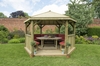 Forest Garden 4m Hexagonal Wooden Garden Gazebo with Timber Roof - Furnished with Table,  Benches and Cushions (Terracotta)