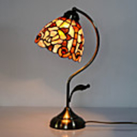 40W Classic Tiffany Table Light with Floral Stained Glass Shade in Arc Arm Style