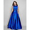 A-Line Elegant Blue Prom Formal Evening Dress Boat Neck Sleeveless Floor Length Satin with Pleats Beading 2020