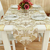 Concise Gold Embroidery Beige Polyester Table Runner