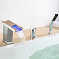 Contemporary Chrome Finish LED Widespread Waterfall Tubfaucet with Hand Shower