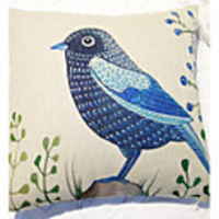 Country Dark Blue Bird Pattern Decorative Pillow With Insert