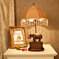 European-Style Table Lamp Elegant Umbrella Shade Grid Feature Elephant Body
