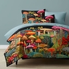 L.T.Home 100% Cotton Sateen Duvet Cover Set Reversible Premium 300 Thread Count Mushroom Quilt Art Pattern Elite Bedding Set