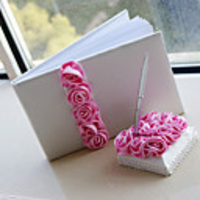 Luxury Wedding Guest Book and Pen Set With Pink Roses