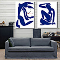 Modern Style Blue Floral Wall Clock in Canvas 2pcs
