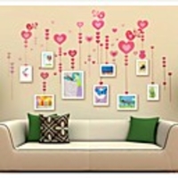 Natural White Color Photo Wall Frame Collection Set of 9 with Love Bird Wall Sticker
