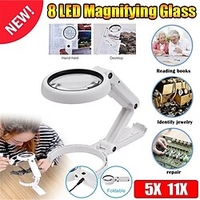New Upgrade 5X 11X 2 In 1 Folding Handheld Illuminated Magnifying Glass Stand Table Magnifier with 8 LED Lights for Reading and Identification Jewelry Watch Repair Tool