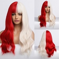 Red and White Wig Long Curly Wig Red and White Wig with Bangs RedWhite Wig for Women Two Tone Wig Synthetic Hair Two Color Cosplay Costume Wig Party Wig Lightinthebox