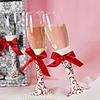Red Floral Patterned Wedding Toasting Flute Set With Red Satin bow