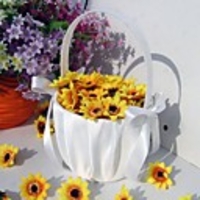 Simple Flower Basket In White Satin With Ribbon Bow