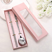 Simple Stainless Spoon and Chopsticks Set In Pink Box