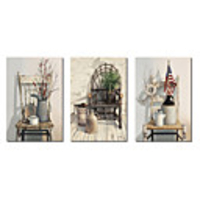 Stretched Canvas Art Still Life Watering Can Wicker Chair and Chair With Jug by Cecile Baird Set of 3