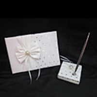 White Bow Wedding Guest Book and Pen Set In White Satin With Sequin