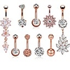 9 pcs 14g stainless steel dangle belly button rings screw navel barbell piercing jewelry for women (rose gold)