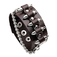 punk style black leather cuff bracelet wristband bullet design with skull head style (style 2 - brown)