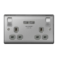 Brushed Steel Low Profile 13A 2 Gang Socket With USB Charging Ports