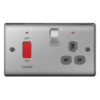 Brushed Steel Low Profile 45A Cooker Switch with Socket